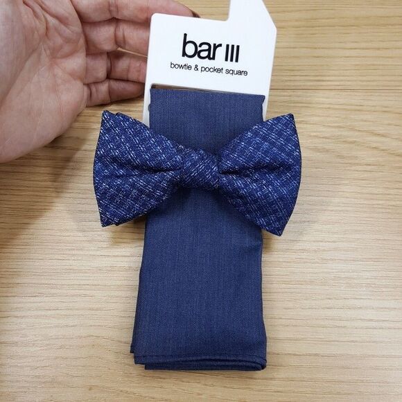 BAR III Mens Blue Woven Textured Bow Tie Matching Pocket Square Set - Picture 1 of 3
